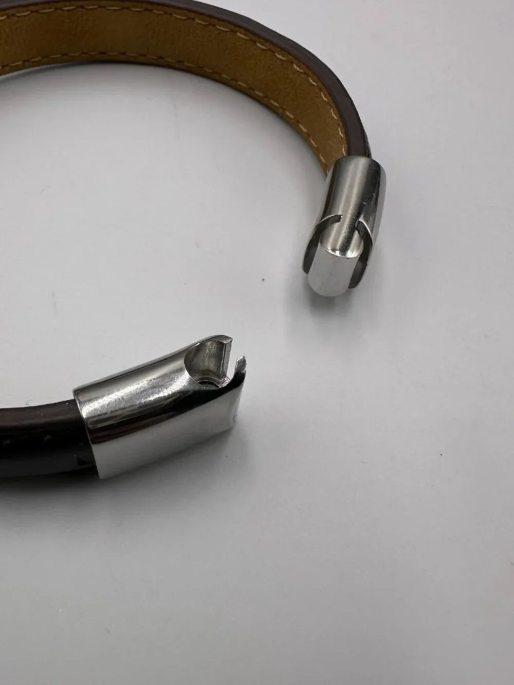 3/$30 Men Brown Leather Bracelet Stitched Stainless Steel Snap Clasp 8.25